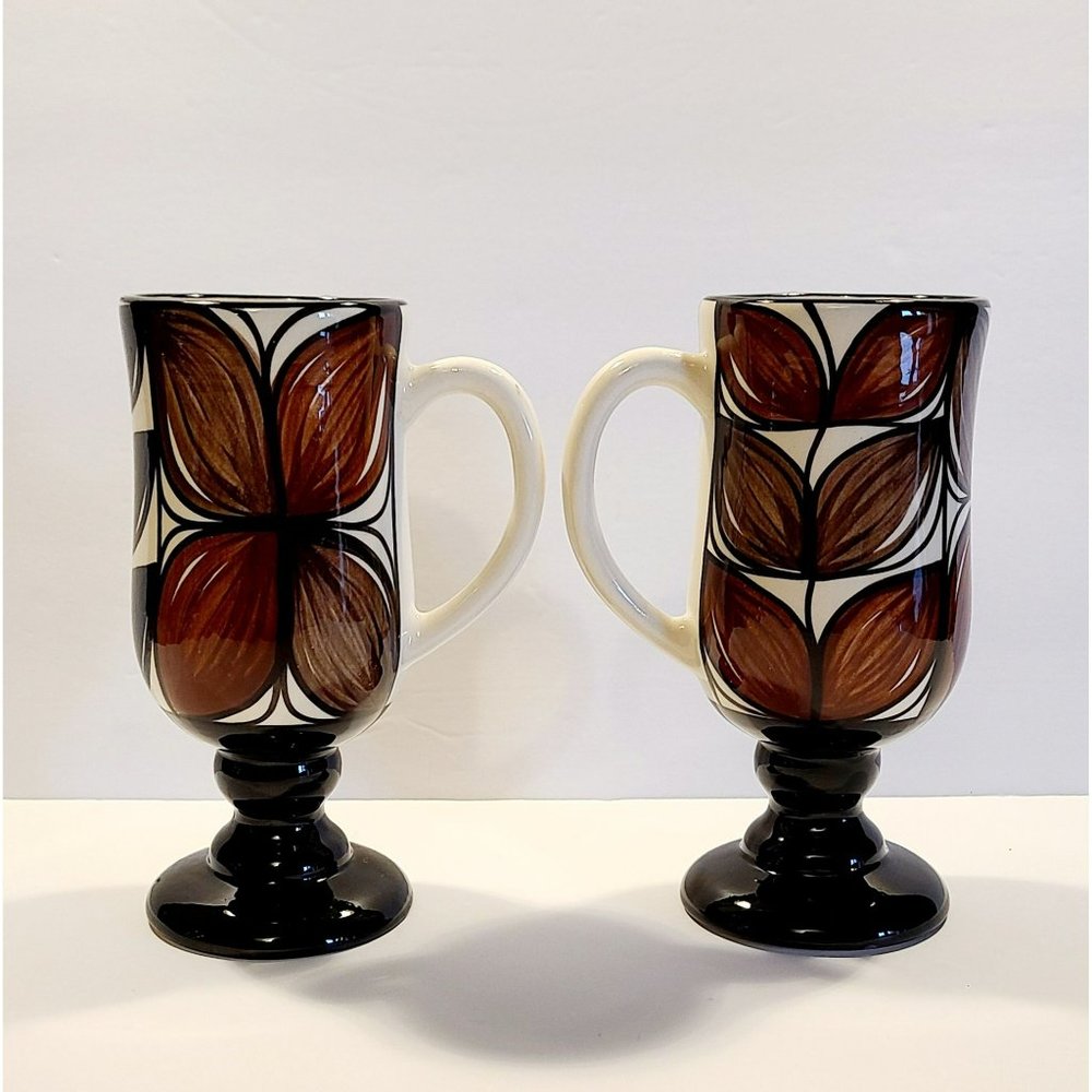 Mid-Century hand painted brown/black flora coffee mugs cups